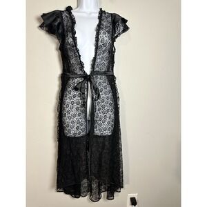 Victoria's Secret Black Sheer Floral Lace Duster Robe Satin Flutter Sleeves Sz L